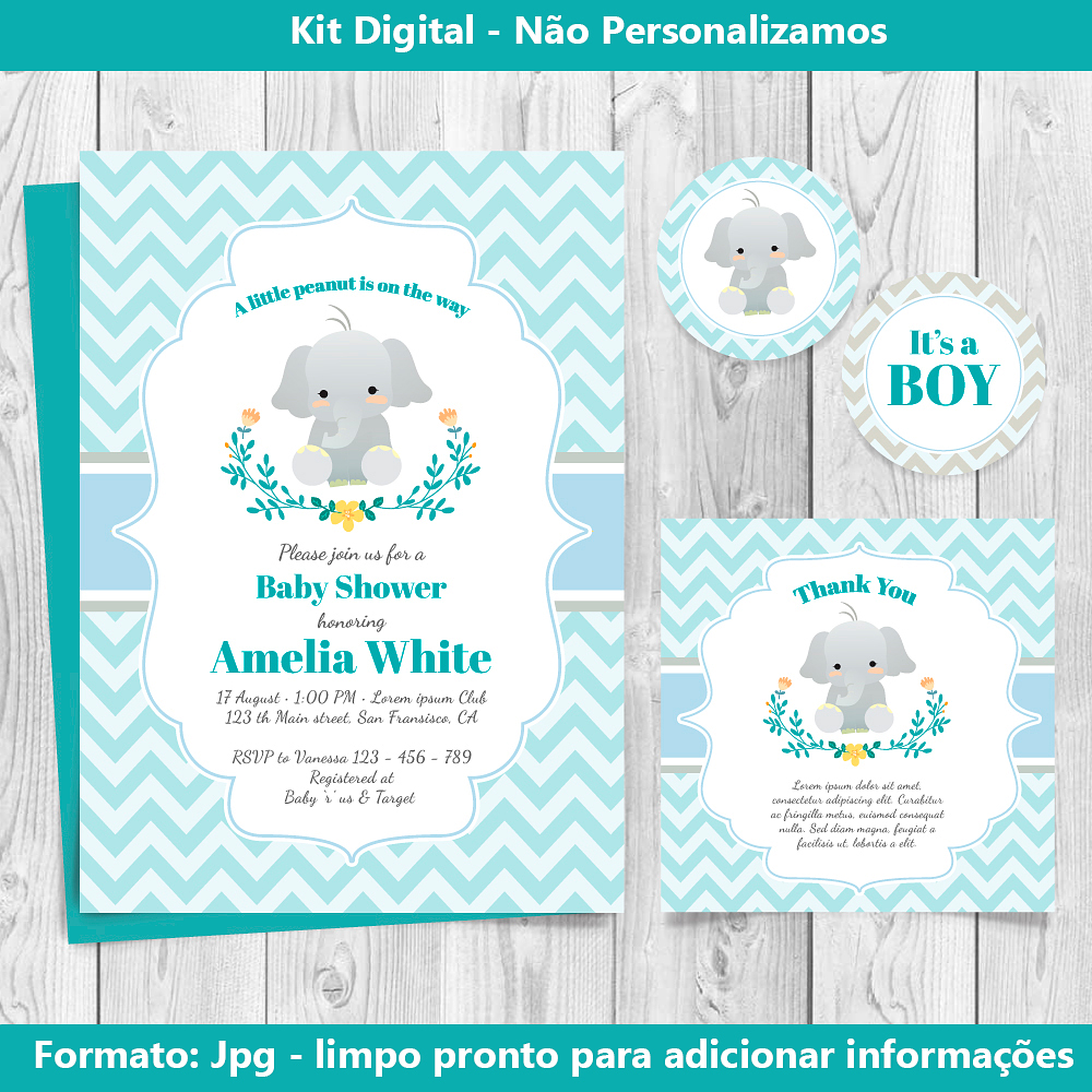 Kit Digital Baby Té Azul Elefante - Editable para imprimir