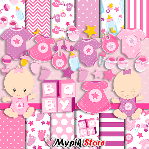 Kit Digital Baby Shower Rosa - Niña