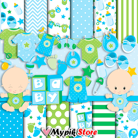 Kit de Baby Shower Digital Azul - Niño