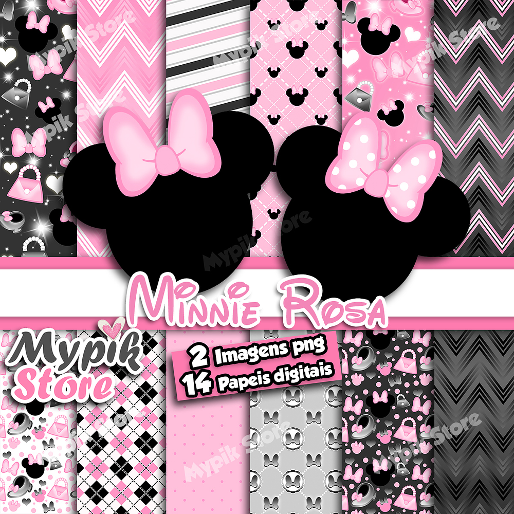 Kit Digital Minnie Rosa Negro