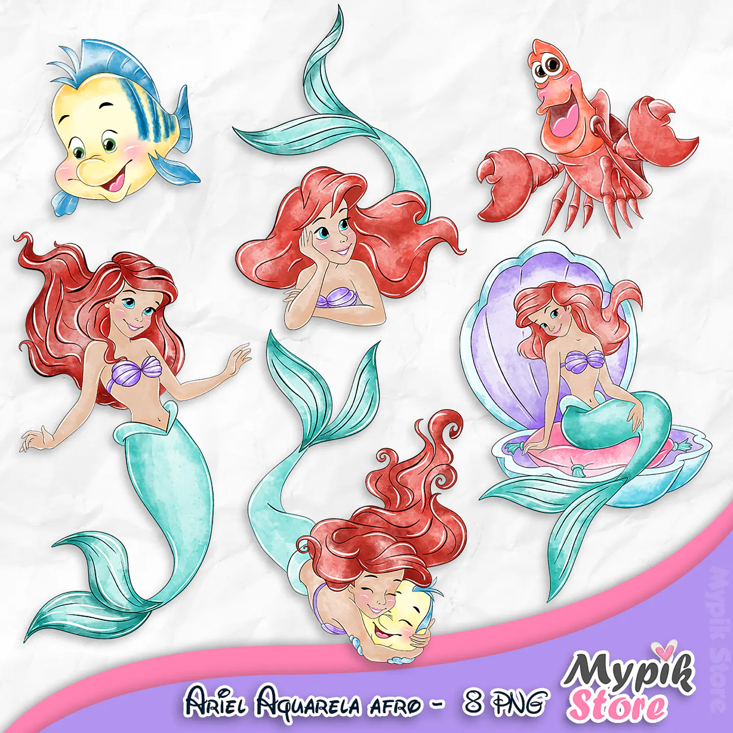 Kit Digital A Pequena Sereia Ariel Afro Aquarela 3 1