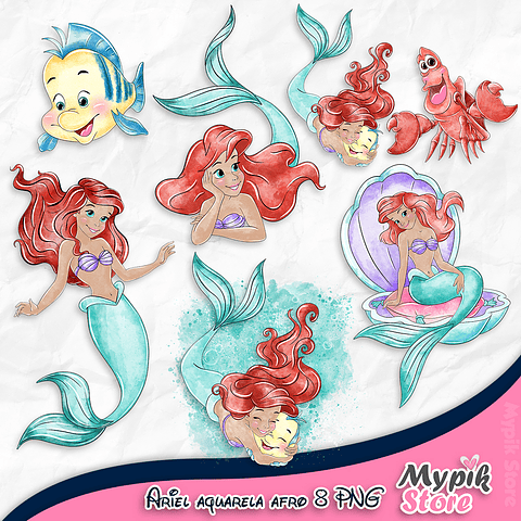 Kit Digital La Sirenita Ariel Afro Acuarela 2