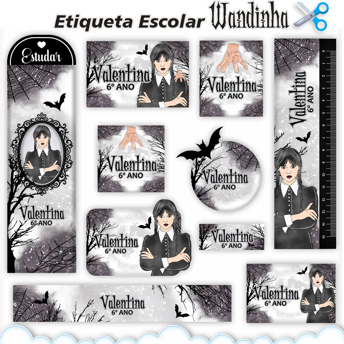 Arquivo de Corte Etiqueta Escolar Wandinha 1