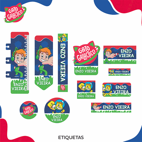 Kit Digital Etiqueta Escolar e Régua Gato Galactico 