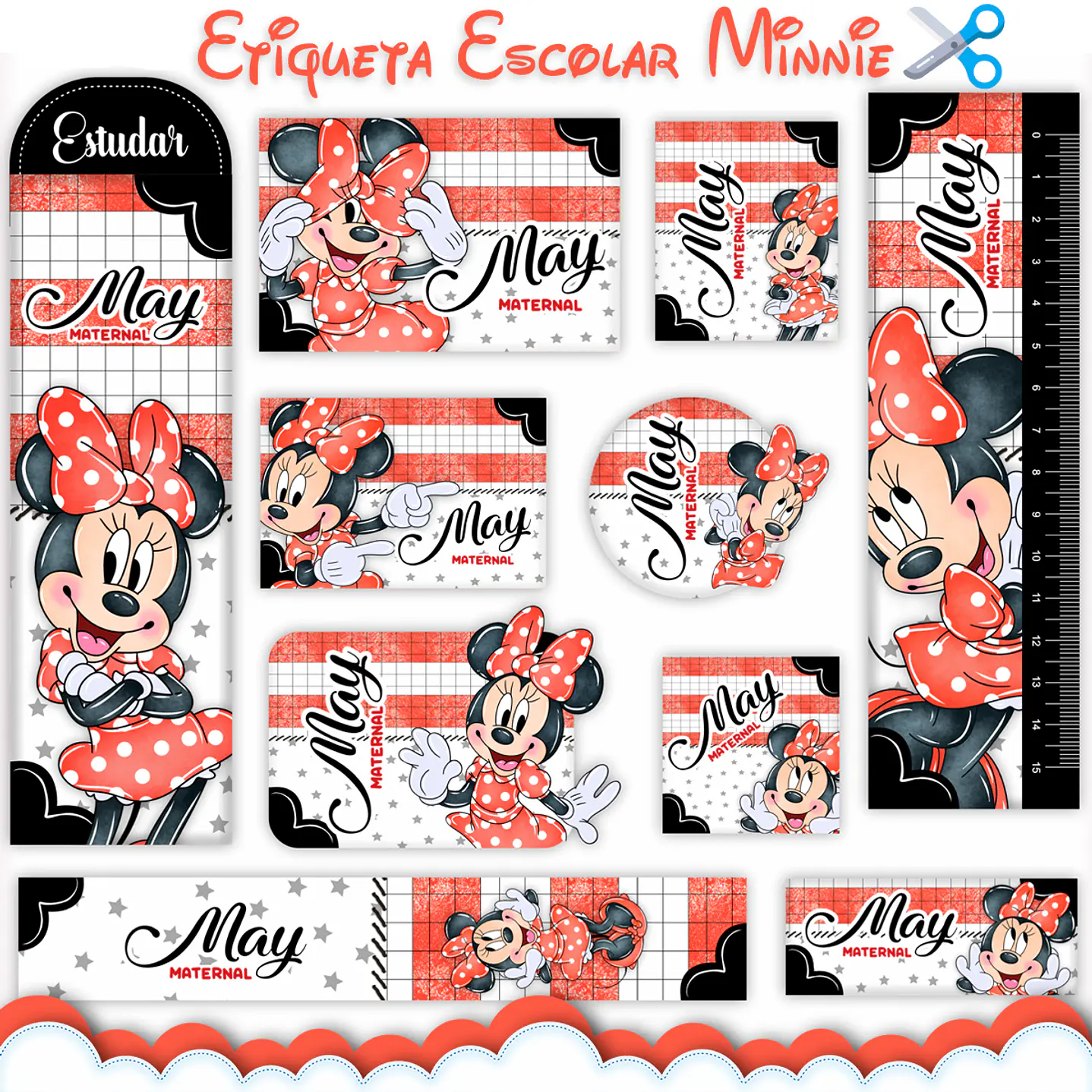Arquivo de Corte Etiqueta Escolar Minnie 1