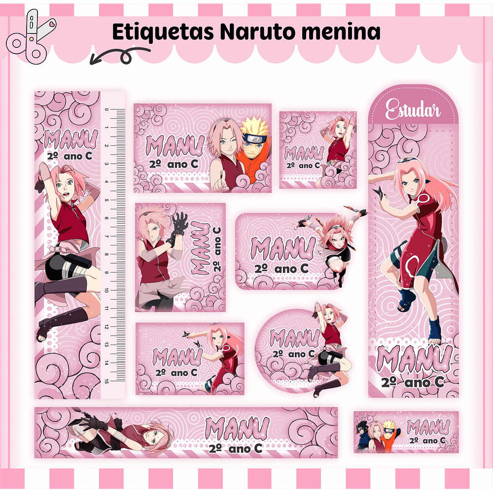 Arquivo de Corte Digital Etiqueta Escolar Naruto Rosa 