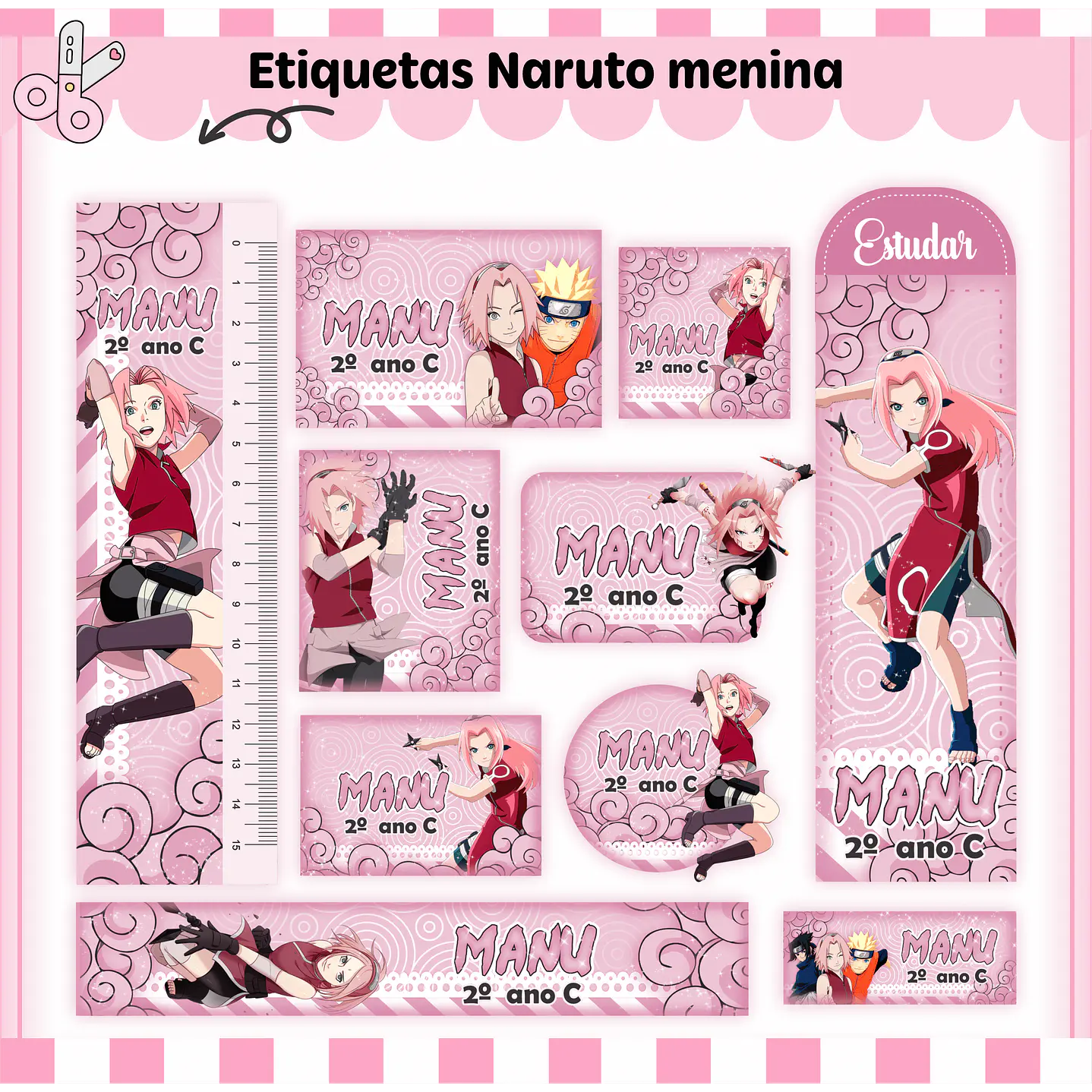 Arquivo de Corte Digital Etiqueta Escolar Naruto Rosa  1