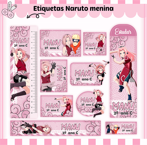 Arquivo de Corte Digital Etiqueta Escolar Naruto Rosa 