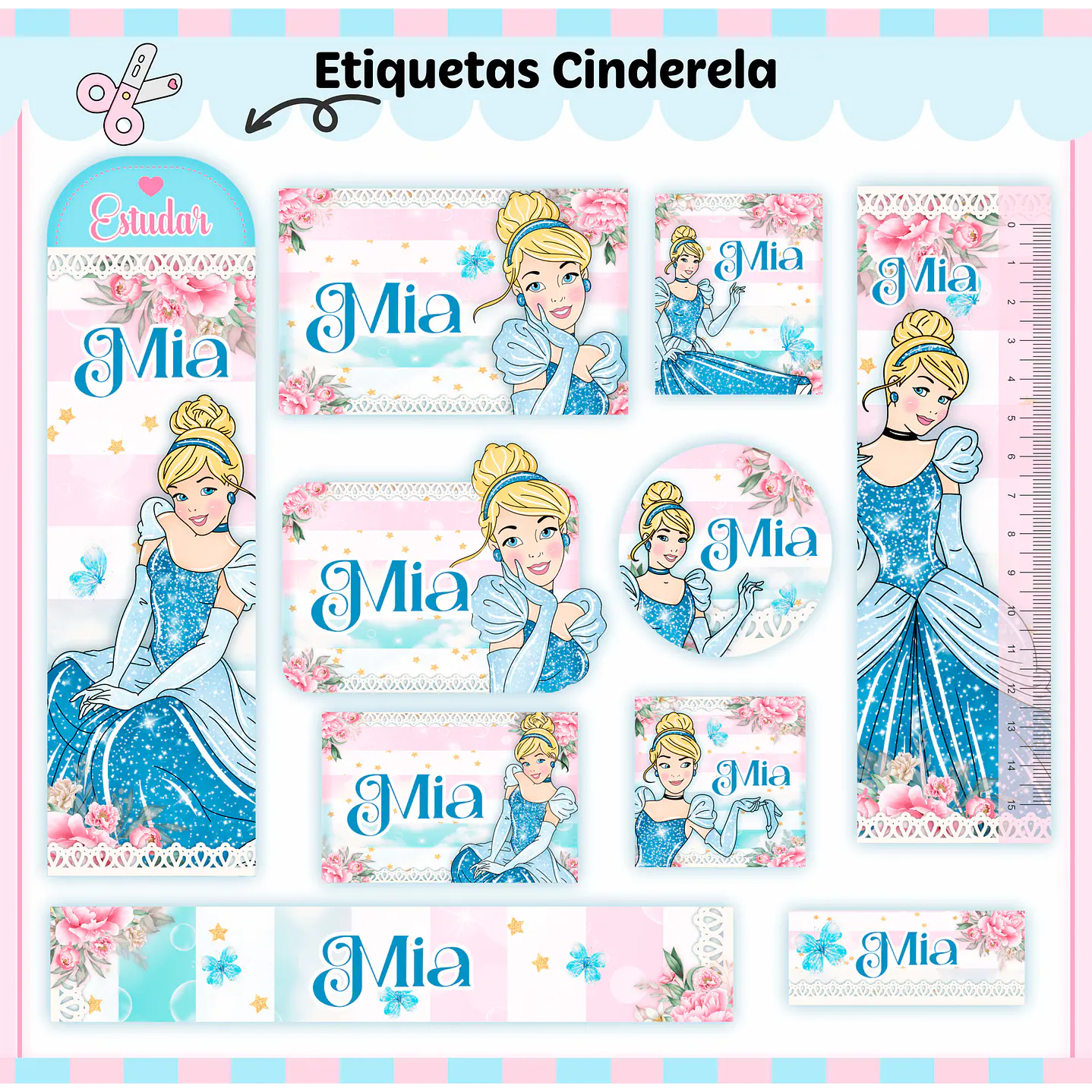 Arquivo de Corte Etiqueta Escolar Cinderela  1