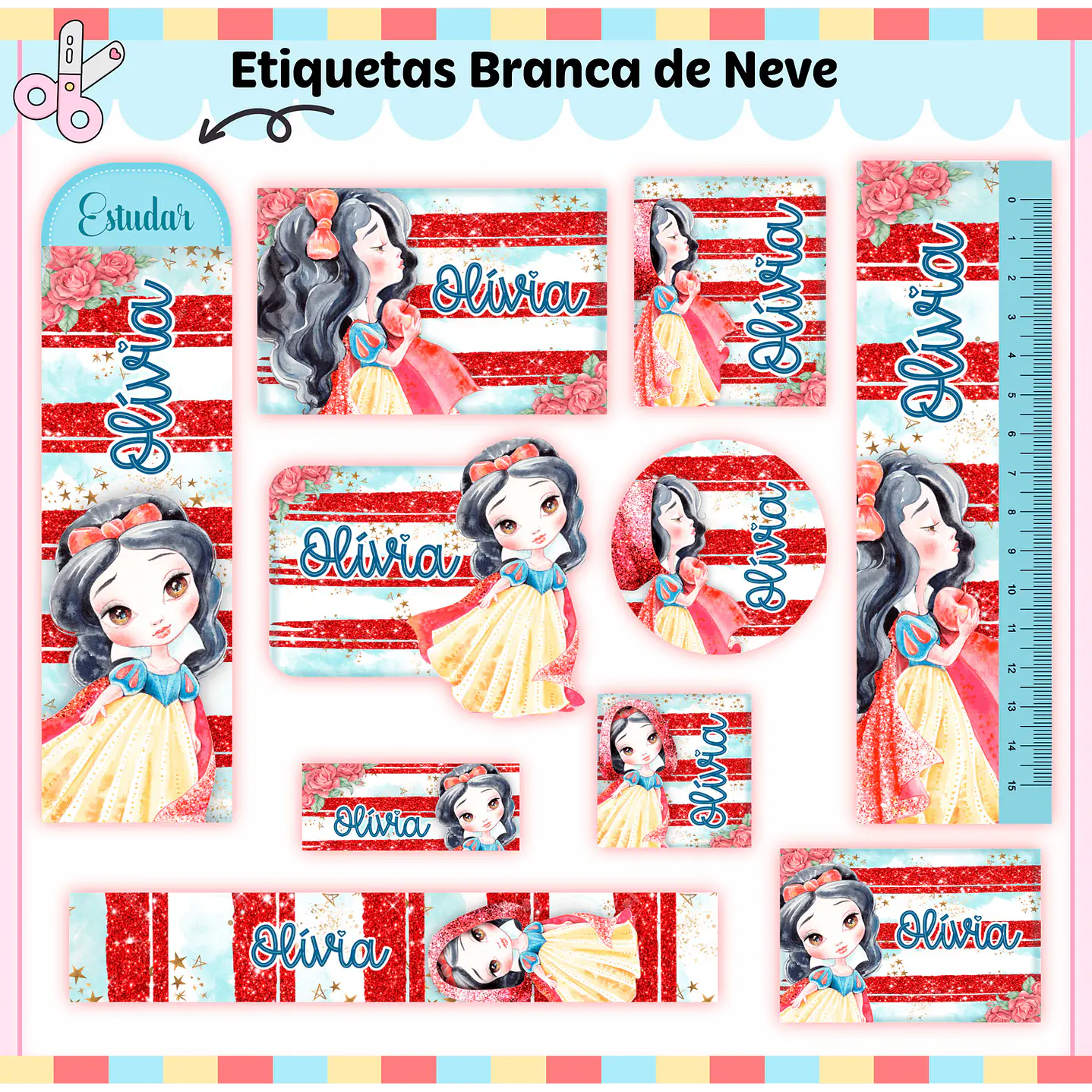 Arquivo de Corte Etiqueta Escolar Branca de Neve 1