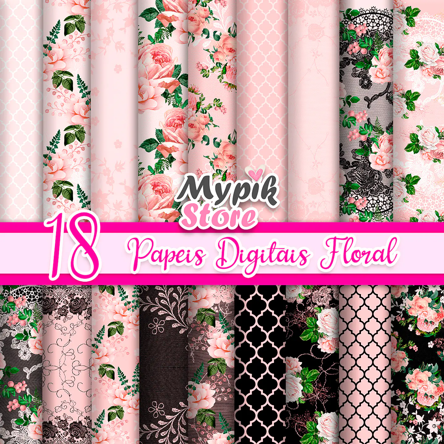 Kit Digital Papeis Floral e Rendado Rosa 1