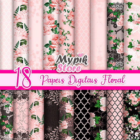 Kit Digital Papeis Floral e Rendado Rosa