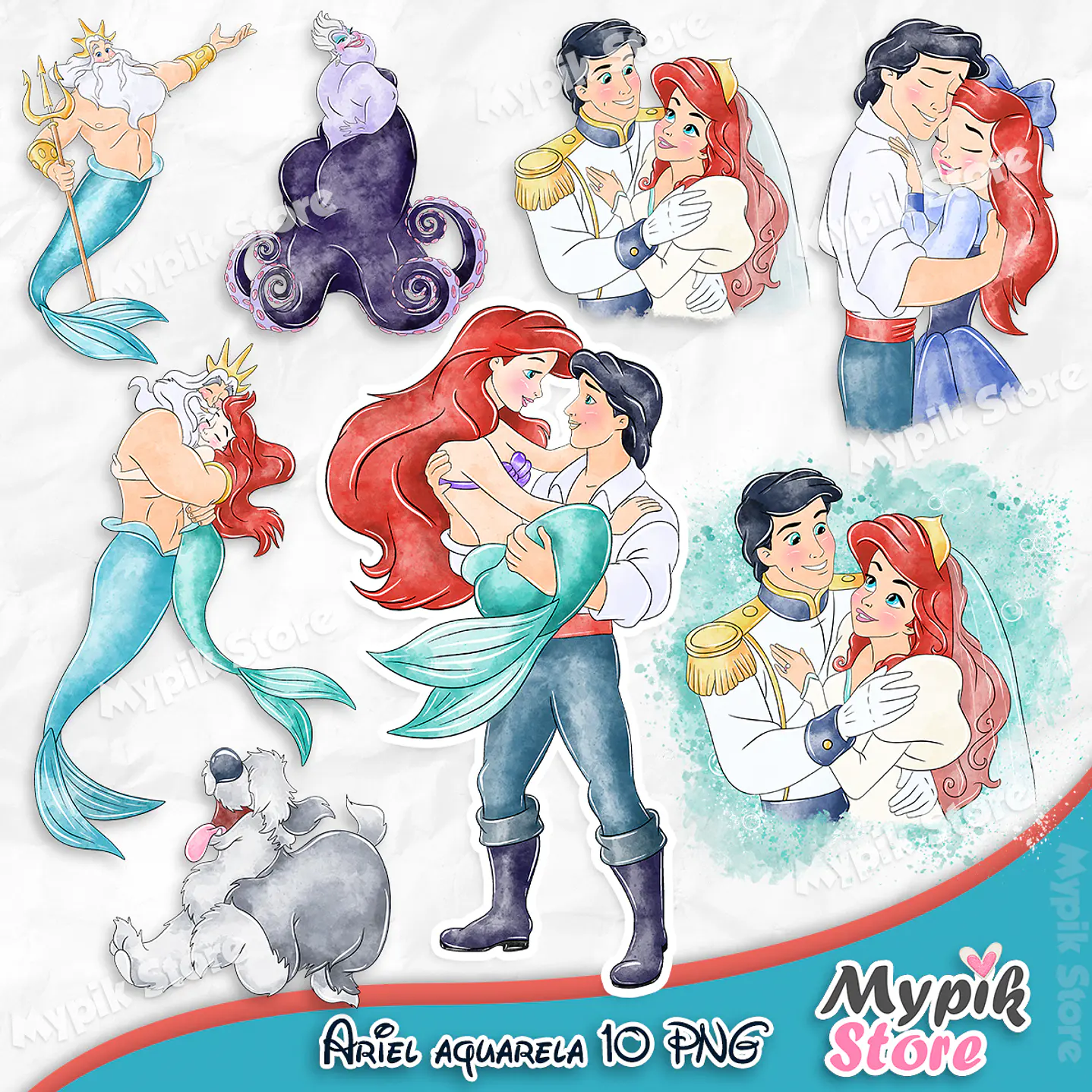 Kit Digital Sereia Ariel e Príncipe - Aquarela 1