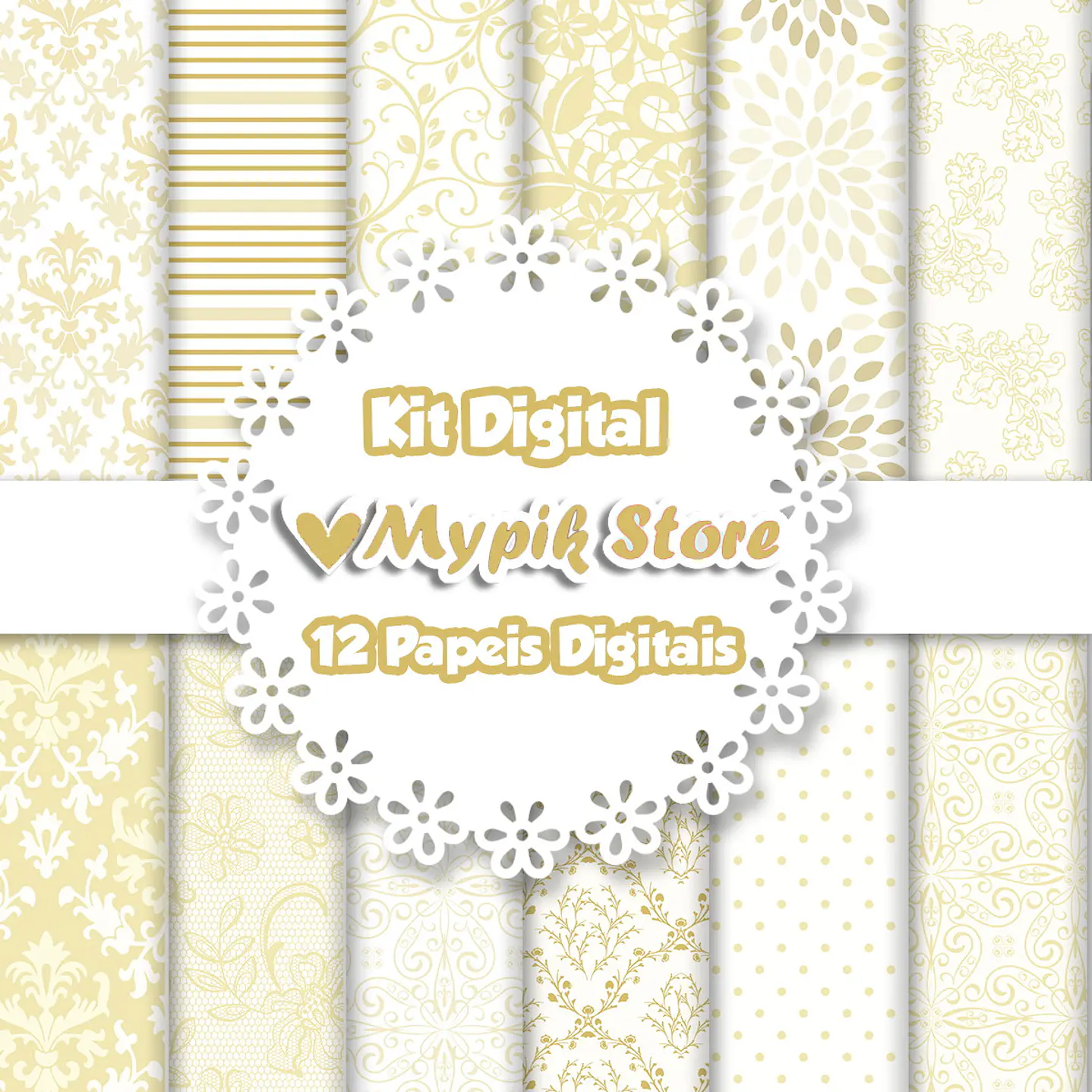 Kit Papel Digital Floral Casamento Dourado 1