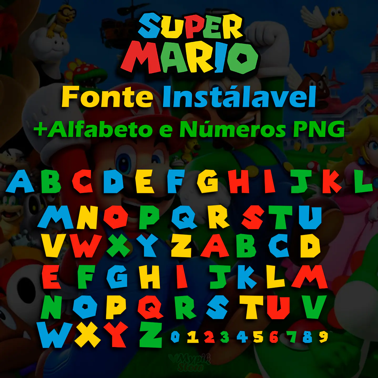 Kit Digital Super Mario Fonte Instalável e Alfabeto PNG 1