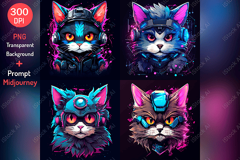 Arte para camiseta PNG Gato fofo, estilo Cyberpunk