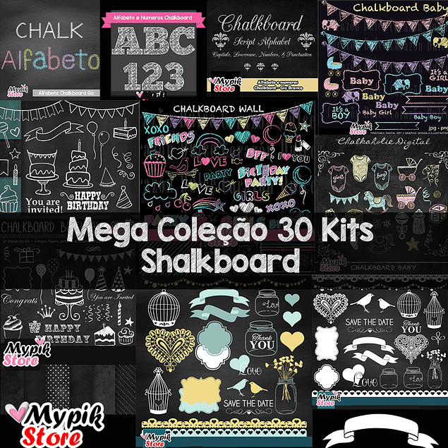 Super Coleção 30 Kits Digitais Chalkboard Scrapbook - Quadro Negro