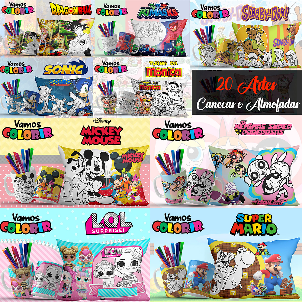 Pack Artes Canecas e Almofadas Desenhos Animados Dia das Crianças