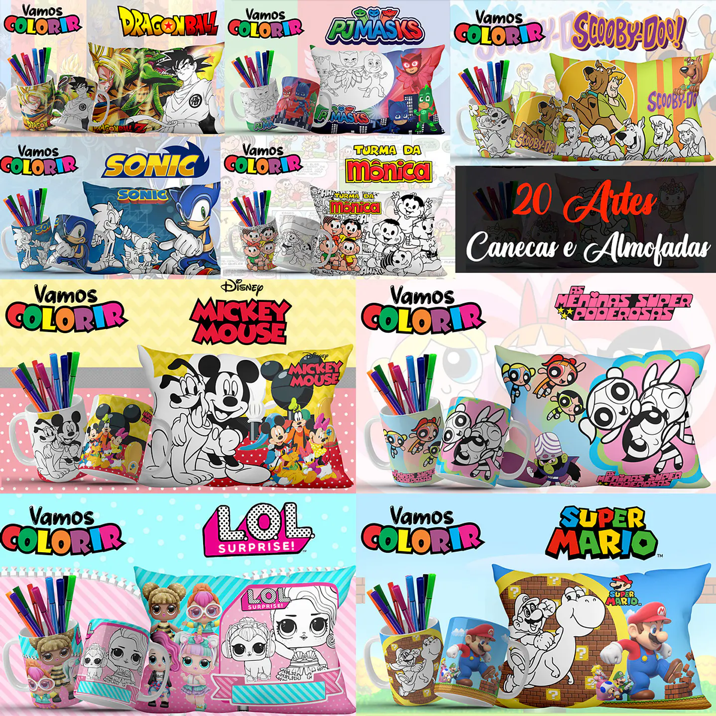 Pack Artes Digitais Canecas e Almofadas Desenhos Animados Dia das Crianças 1