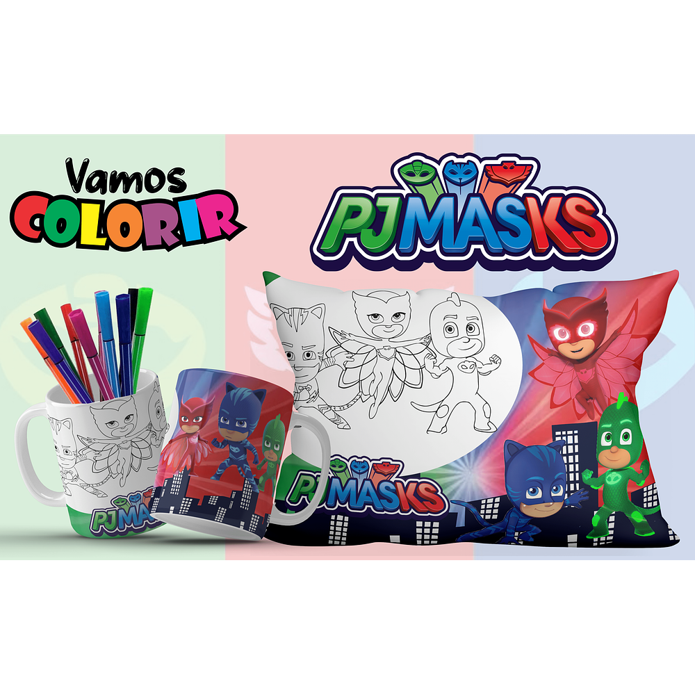 Pack Artes Canecas e Almofadas Desenhos Animados Dia das Crianças