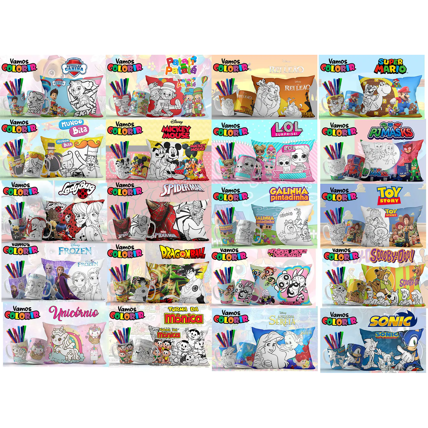 Pack Artes Digitais Canecas e Almofadas Desenhos Animados Dia das Crianças 2
