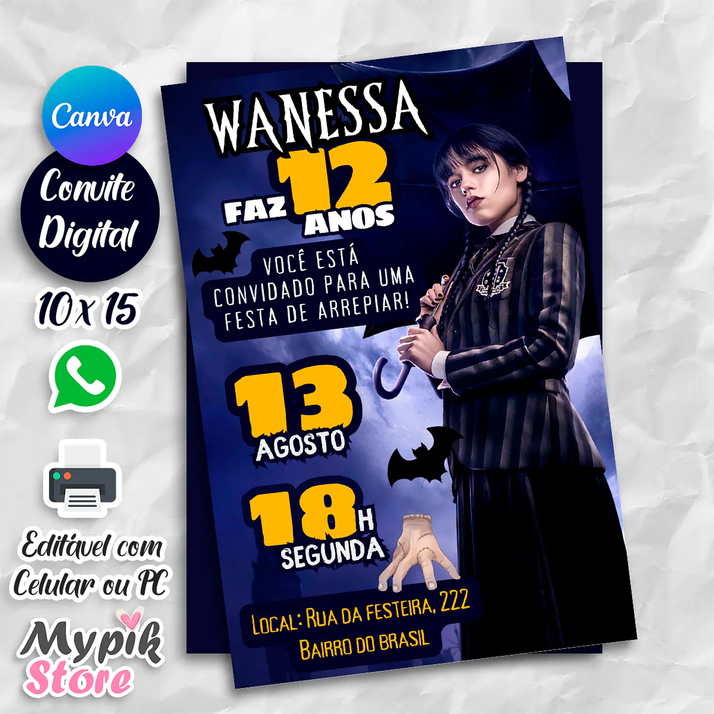 Convite Digitais Wandinha - Editável com Canva 1