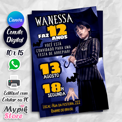 Convite Digitais Wandinha - Editável com Canva