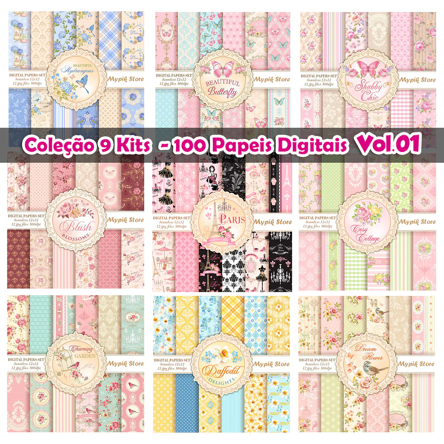 Colección 9 kits Digitales Floral Lujo - 100 Papeles Digitales 1