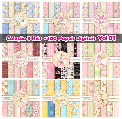 Colección 9 kits Digitales Floral Lujo - 100 Papeles Digitales