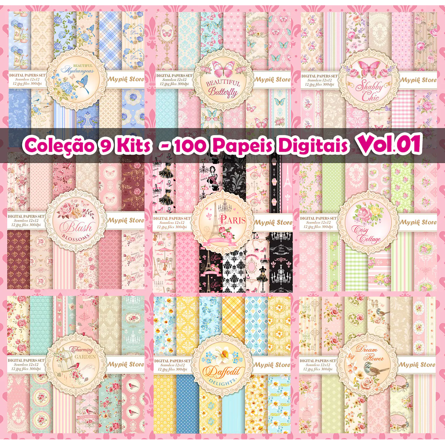 Colección 9 kits Digitales Floral Lujo - 100 Papeles Digitales 2