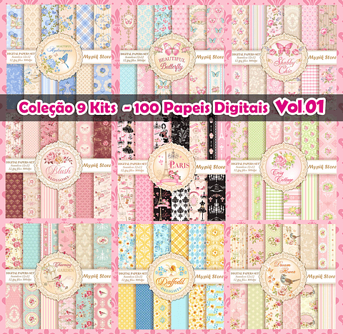 Colección 9 kits Digitales Floral Lujo - 100 Papeles Digitales