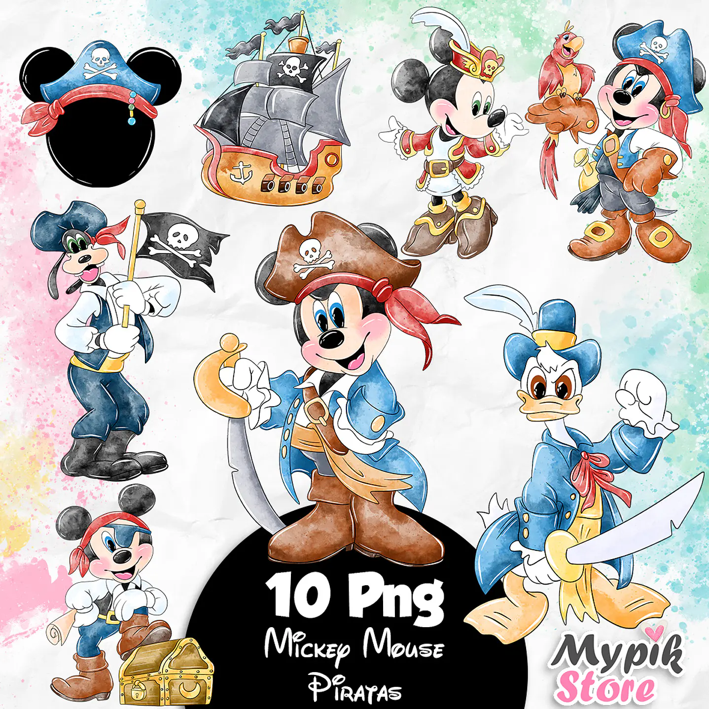 Kit Digital Mickey Aquarela Piratas imagens PNG 1