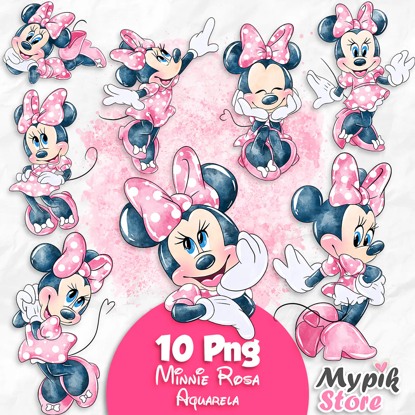 Kit Digital Minnie Rosa Aquarela  imagens PNG 1
