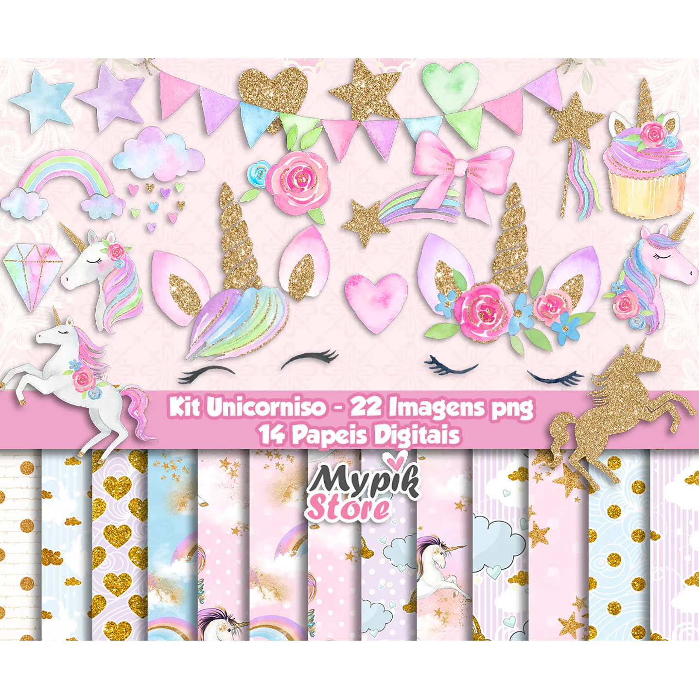 Kit Digital Unicornio Faces Imágenes y Papeles Digitales 2