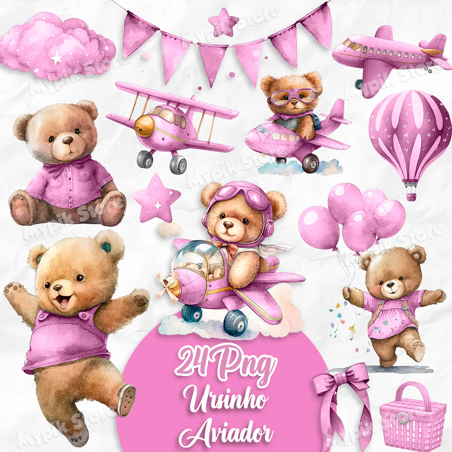 Kit Digital Aquarela Ursinho Teddy Aviador Rosa 1