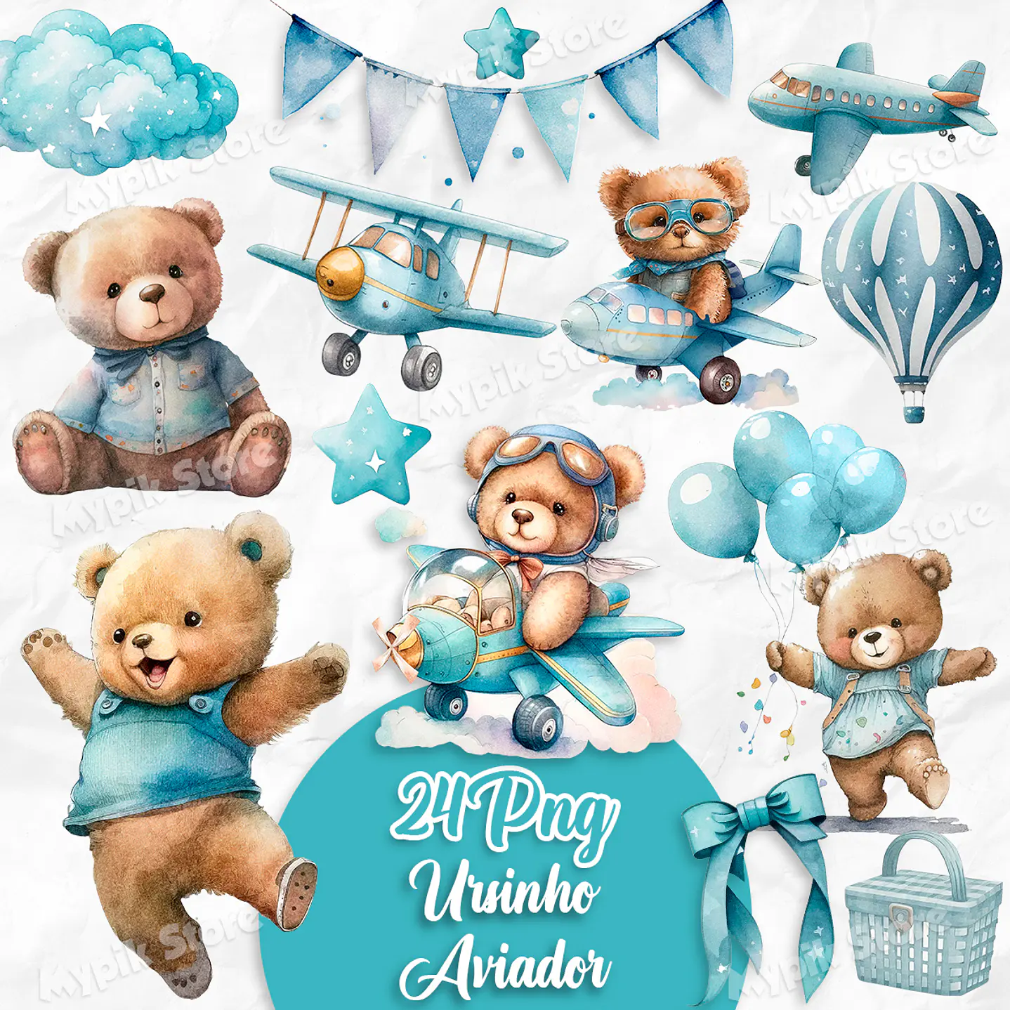 Kit Digital Aquarela Ursinho Teddy Aviador Azul 1