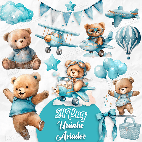 Kit Digital Aquarela Ursinho Teddy Aviador Azul