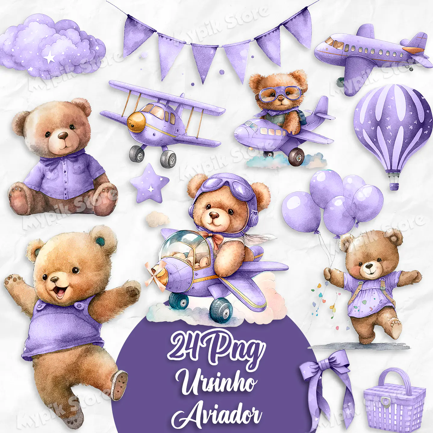 Kit Digital Aquarela Ursinho Teddy Aviador Roxo 1