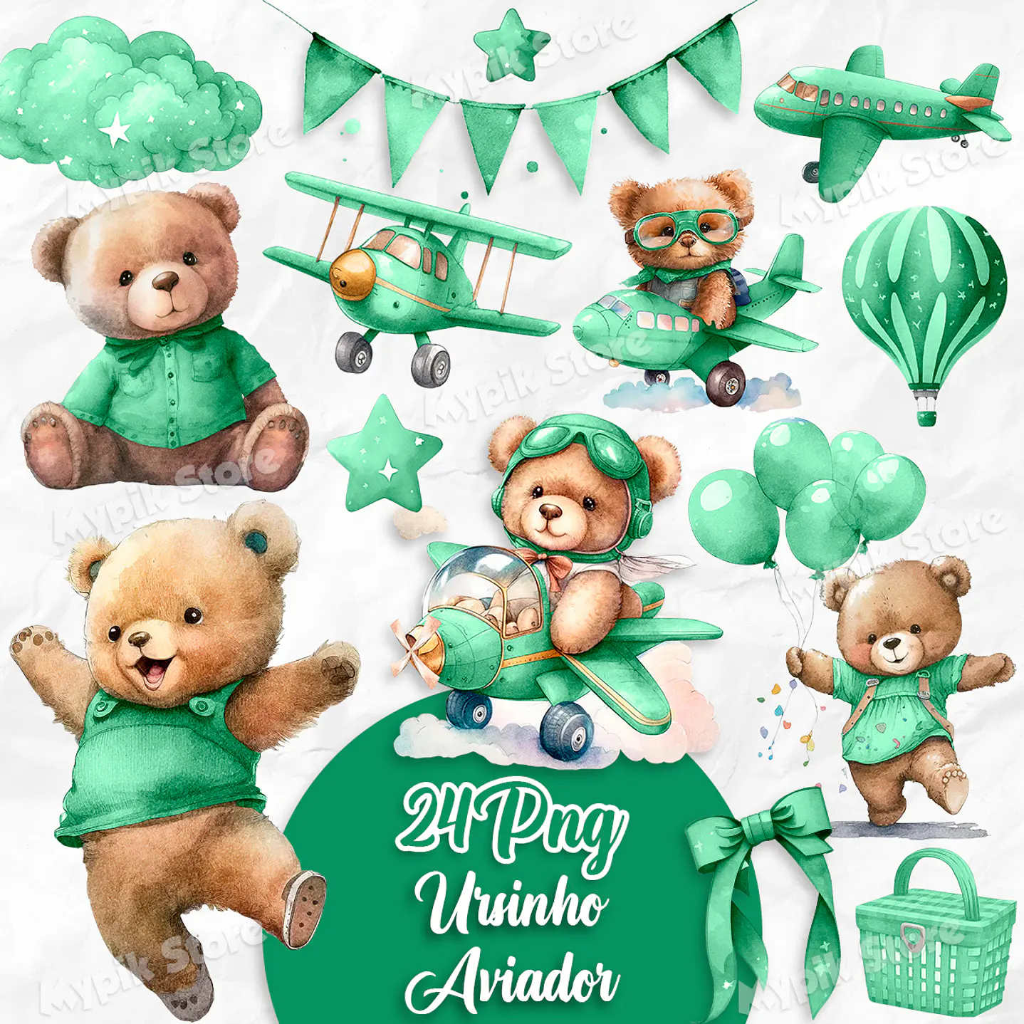 Kit Digital Aquarela Ursinho Teddy Aviador Verde 1