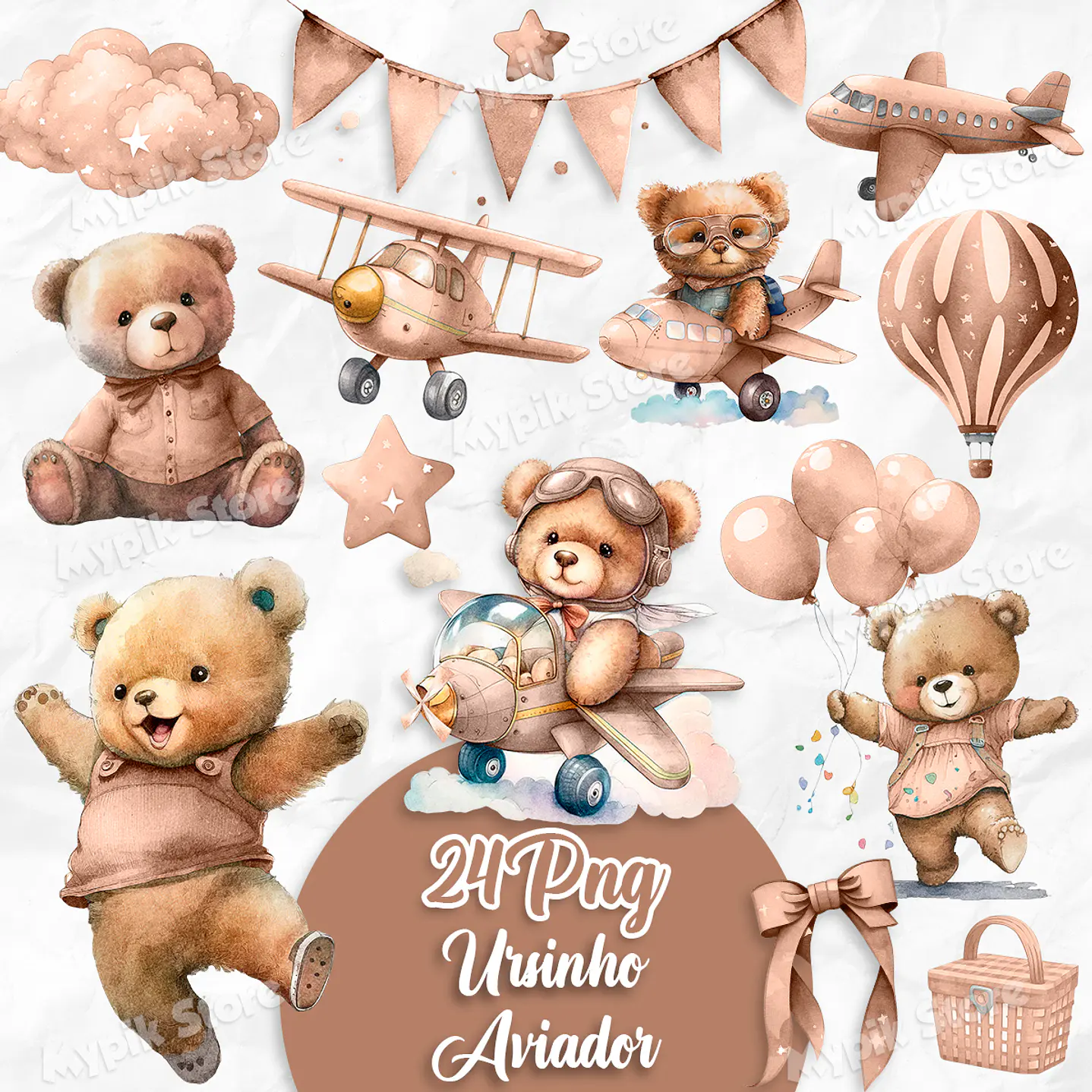 Kit Digital Aquarela Ursinho Teddy Aviador Marrom  1