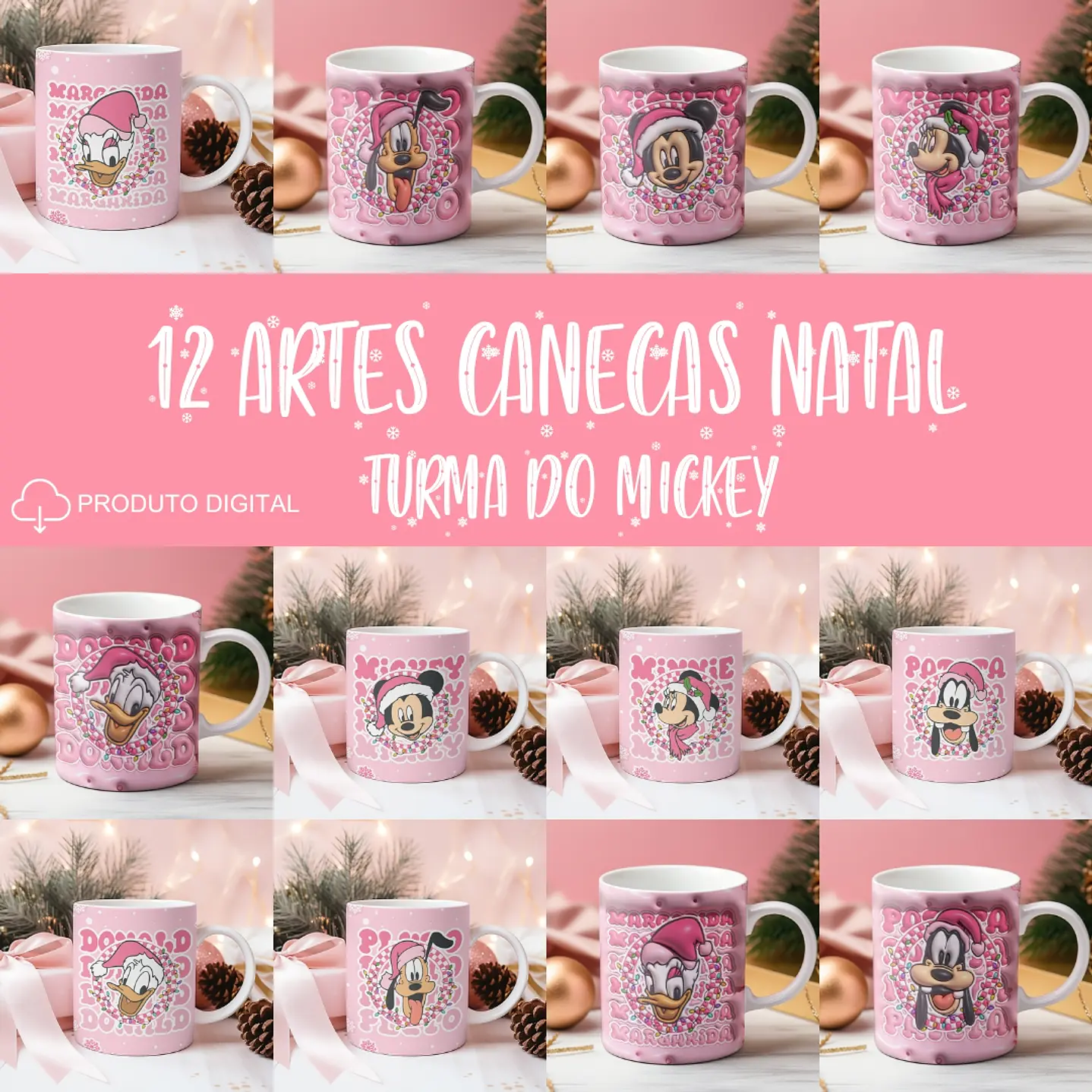 12 Artes Canecas 3D Turma do Mickey Natal Rosa 1