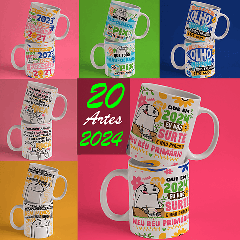 Kit Digital 20 Artes PNG Flork para Canecas Ano novo 2024