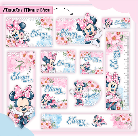 Arquivo de Corte Etiqueta Escolar Minnie Rosa Aquarela