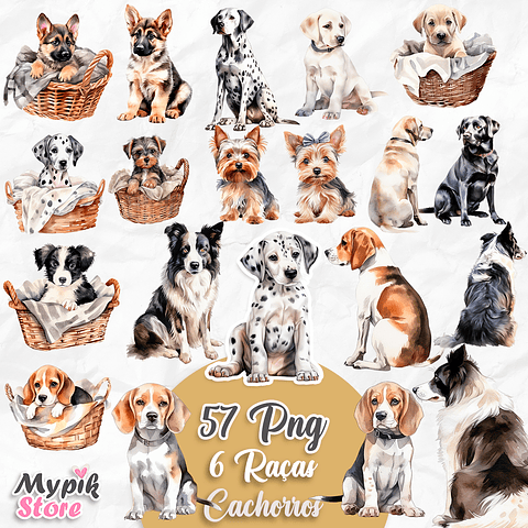 Kit Digital Aquarela 6 Raças de Cachorros PNG