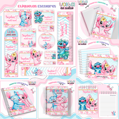 Kit Digital Encadernação Stitch Rosa Menina - Volta às Aulas 