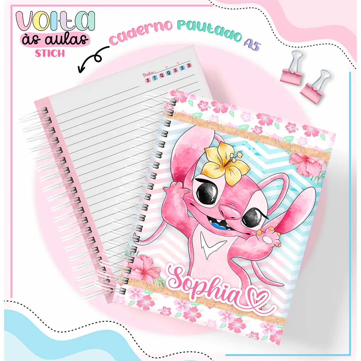 Kit Digital Volta às Aulas Encadernação Stitch Rosa Menina