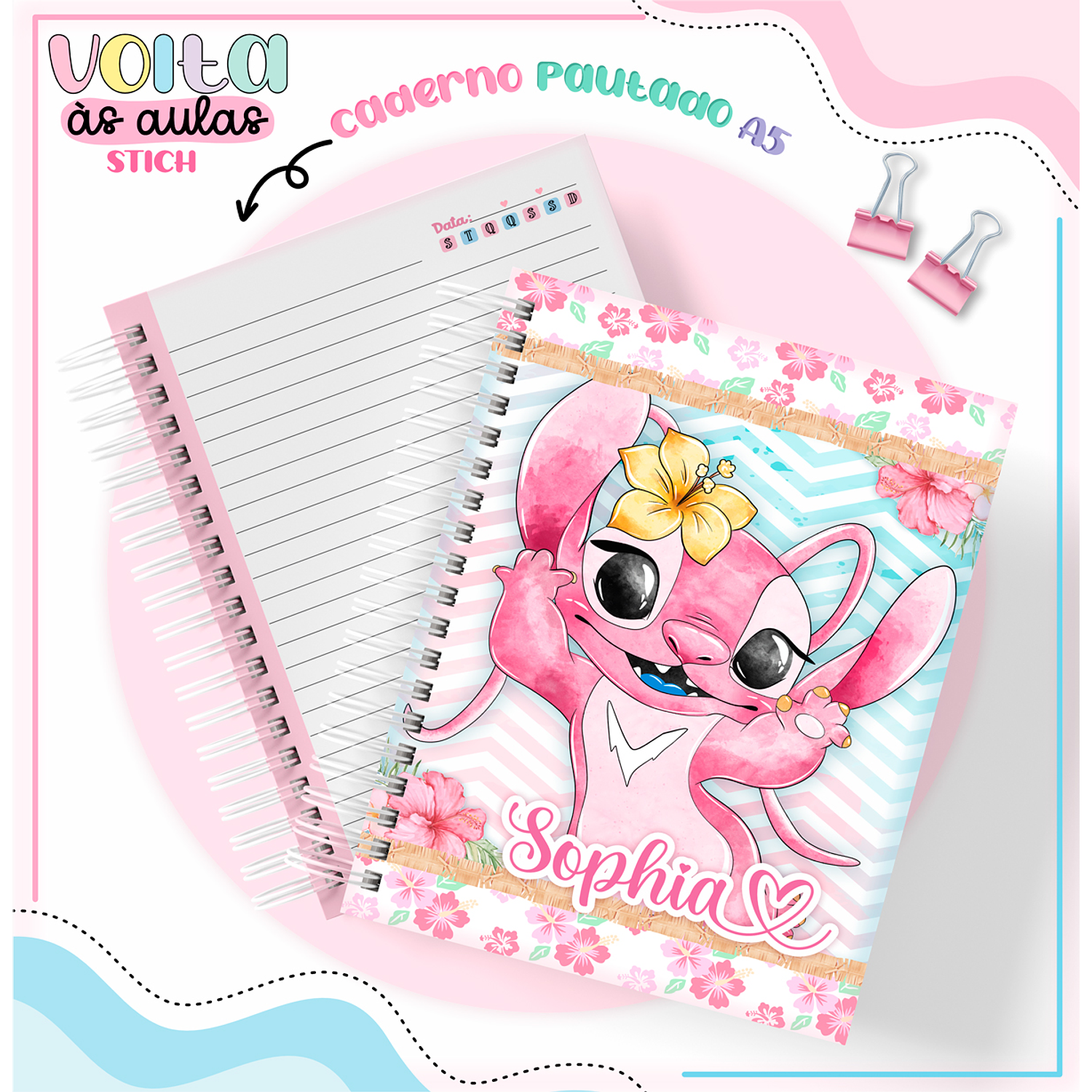 Kit Digital Encadernação Stitch Rosa Menina - Volta às Aulas  4