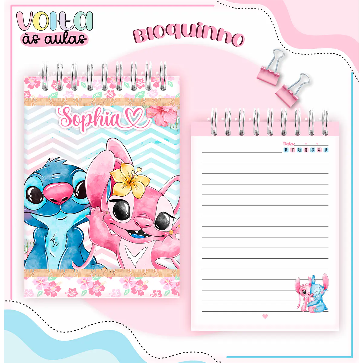 Kit Digital Volta às Aulas Encadernação Stitch Rosa Menina