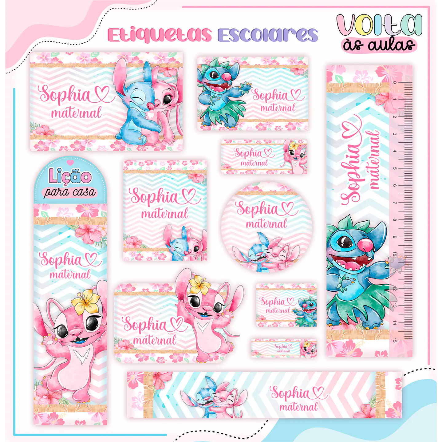 Arquivo de Corte Etiqueta Escolar Stitch Rosa Aquarela 1
