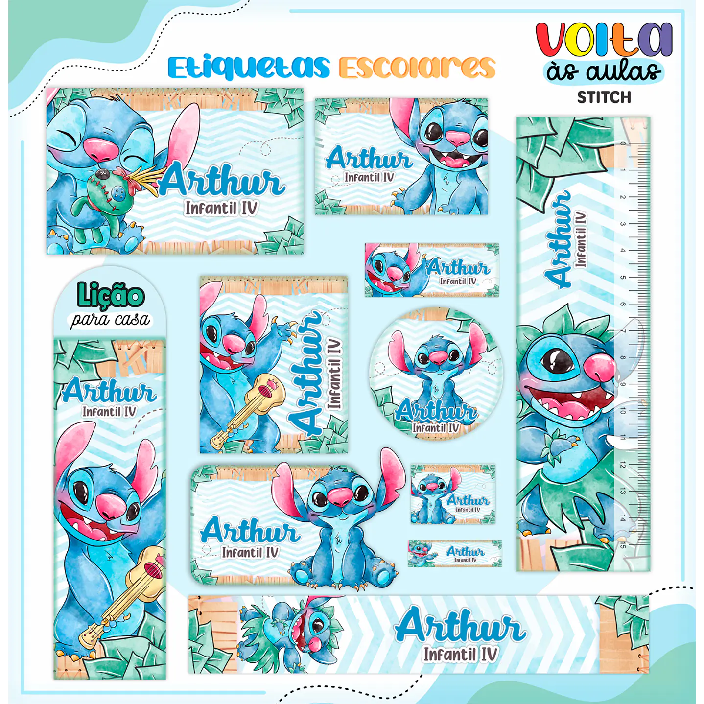 Arquivo de Corte Etiqueta Escolar Stitch Azul - Volta às Aulas 1